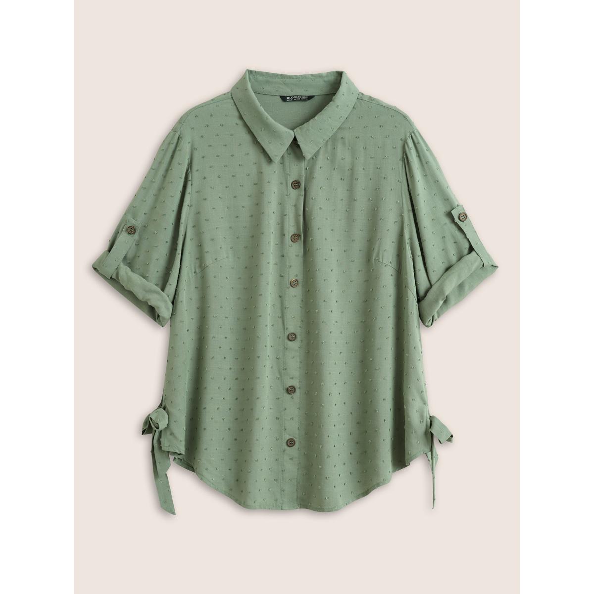 Plus Size Mint Solid Textured Ties Tab Sleeve Blouse Women At the Office Elbow-length sleeve Shirt collar Work Blouses BloomChic 10/M Product Image
