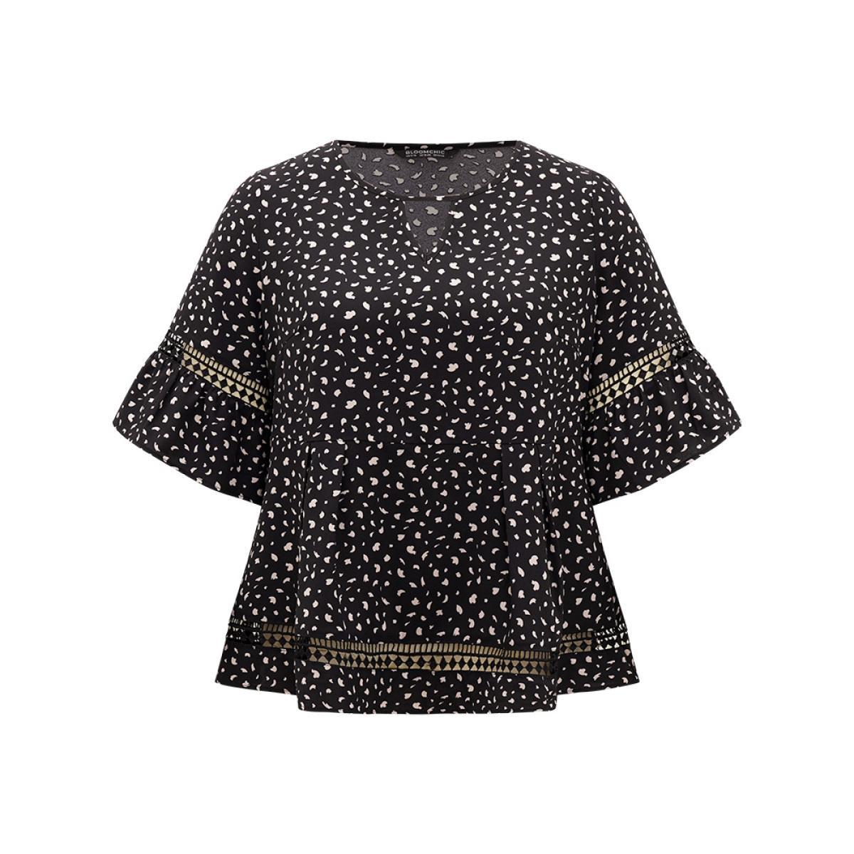 Plus Size Black Leopard Print Flutter Sleeve Keyhole Hollow Out Blouse Women Elegant Half Sleeve Keyhole Cut-Out Dailywear Blouses BloomChic 12/L Product Image