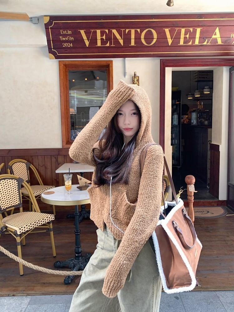Plain Hooded Cropped Zip Cardigan Product Image