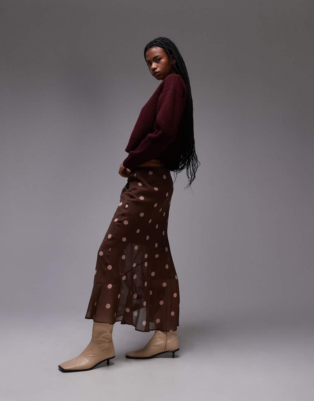 Topshop chiffon cutabout skirt in brown polka dot Product Image