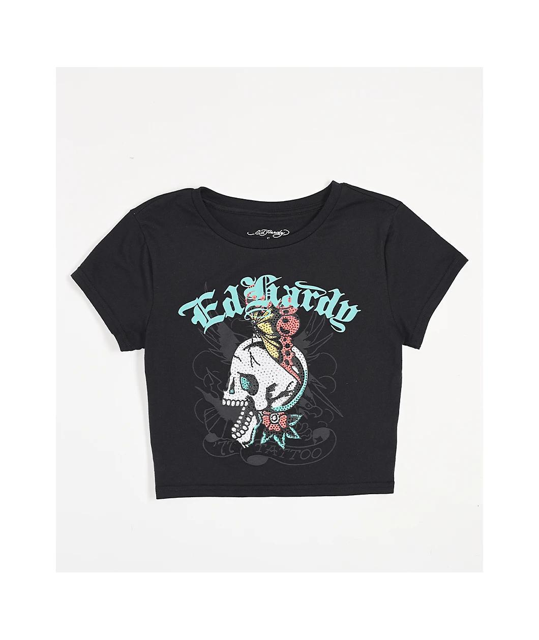 Ed Hardy Skull Butterfly Rhinestone Black Crop T-Shirt Product Image