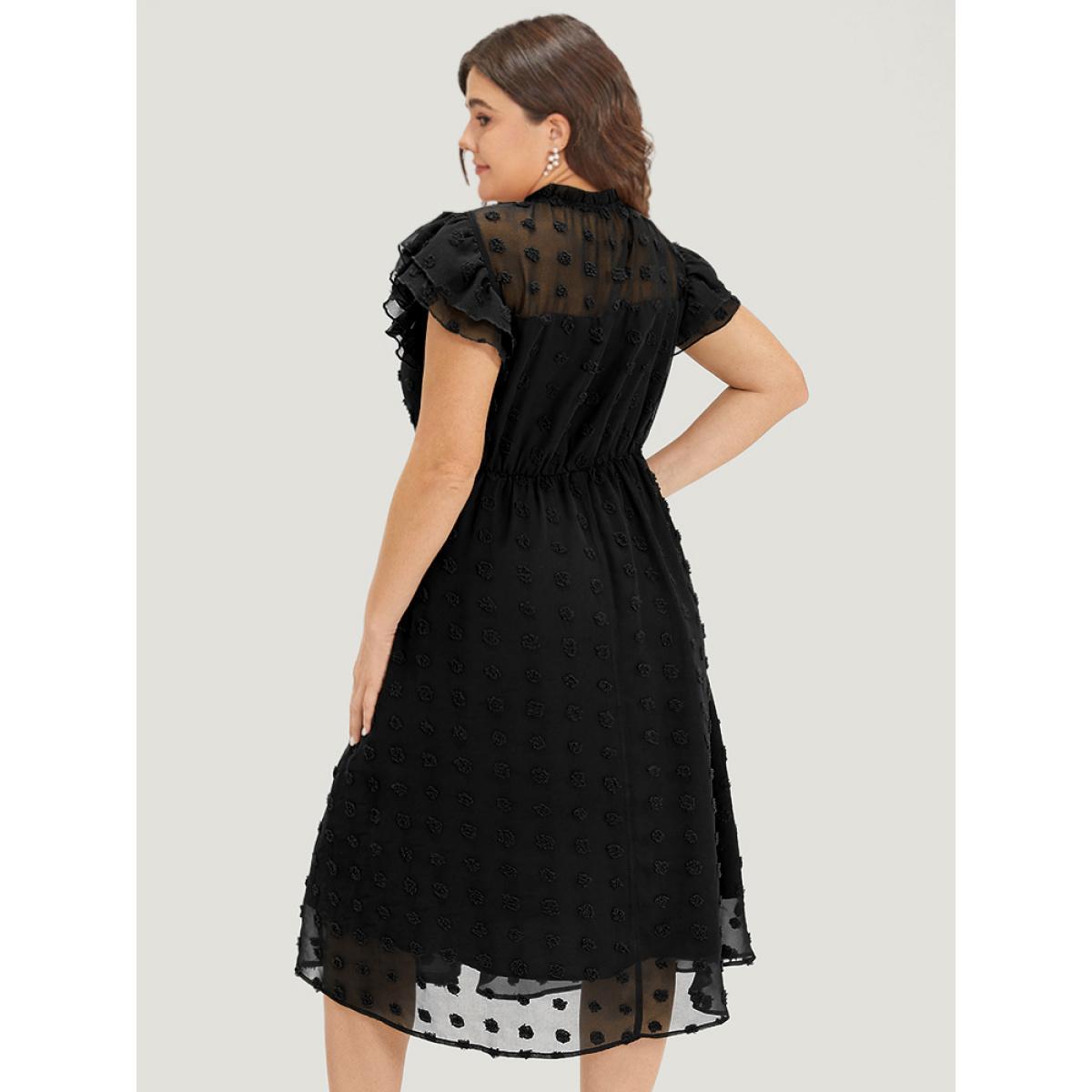 Plus Size Solid Polka Dot Mesh Frill Trim Flutter Dress Black Women Office Texture Mock Neck Sleeveless Curvy Midi Dress BloomChic 10/M Product Image