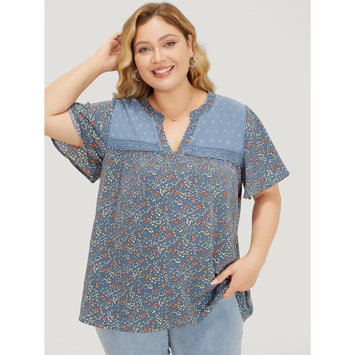 Plus Size Stone Ditsy Floral & Polka Dot Lace Notched Neck Blouse Women Elegant Short sleeve Notched collar Dailywear Blouses BloomChic 14-16/1X Product Image