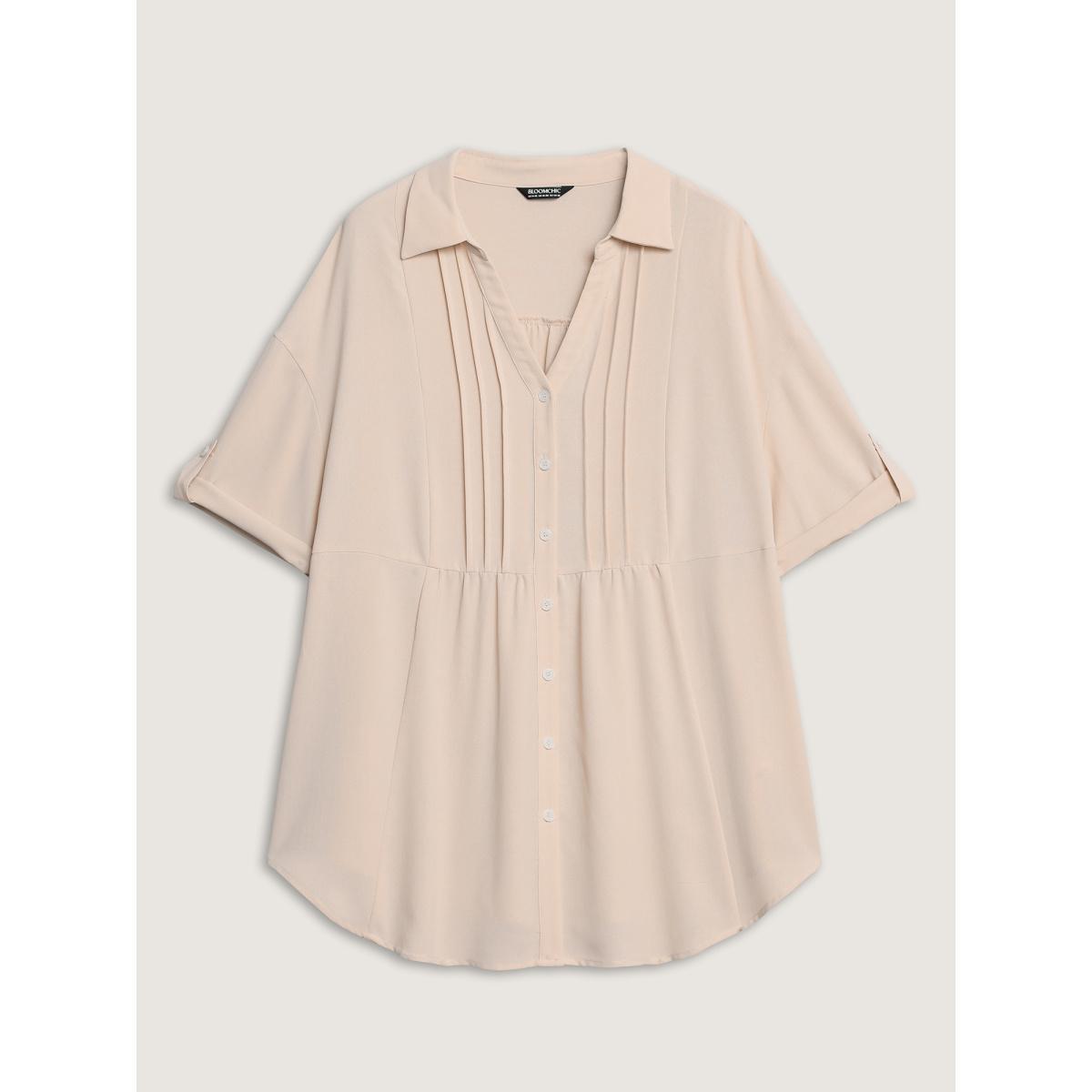 Plus Size Apricot Toothpick Pleats Tab Sleeve Long Blouse Women Elbow-length sleeve Shirt collar Everyday-Casual Blouses BloomChic 22-24/3X Product Image