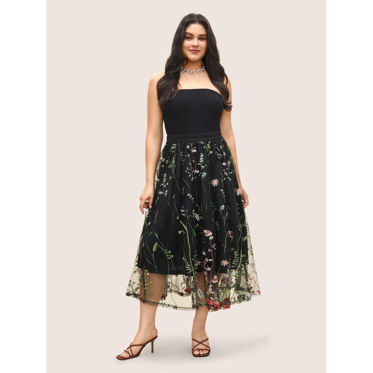 Plus Size Plants Embroidered Mesh Elastic Waist Skirt Women Black Cocktail See through No stretch Party Skirts BloomChic 10/M Product Image