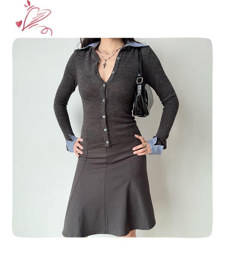 Collared Mock Two-Piece Plaid Panel Button-Up Cardigan Product Image