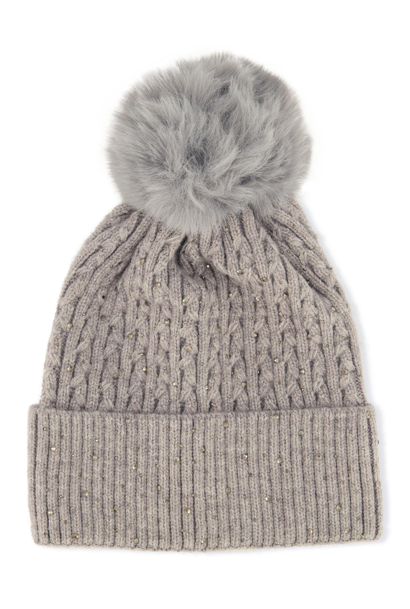 Rhinestone Cable Knit Pom Pom Beanie Female Product Image