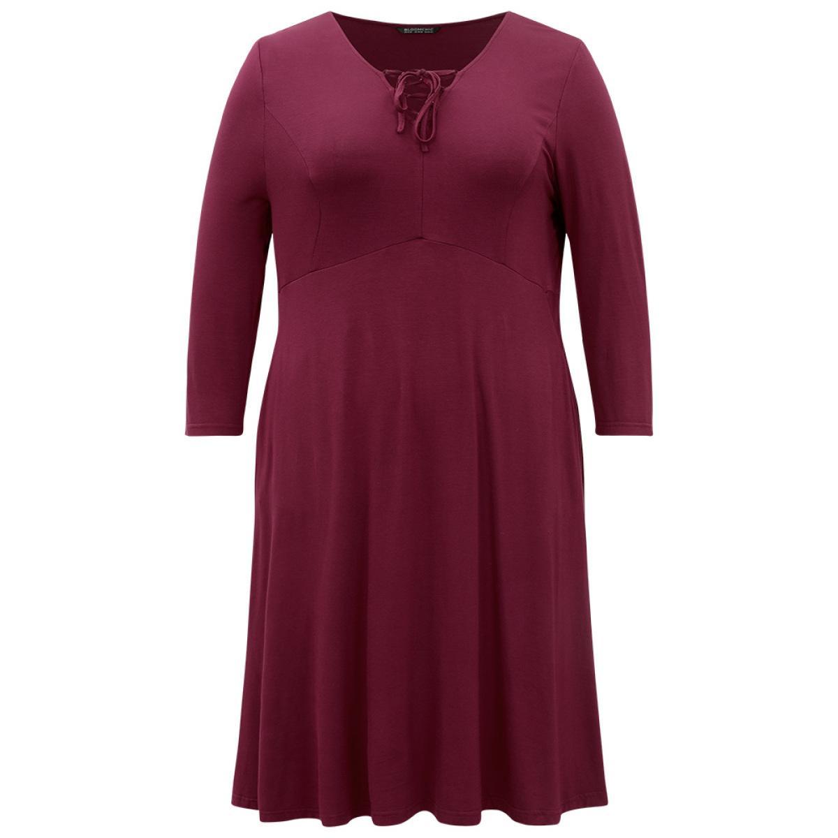Plus Size Supersoft Essentials Solid Lace Up Ruffle Hem Dress Burgundy Women Casual Plain Tie Neck Elbow-length sleeve Curvy Midi Dress BloomChic 18-20/2X Product Image