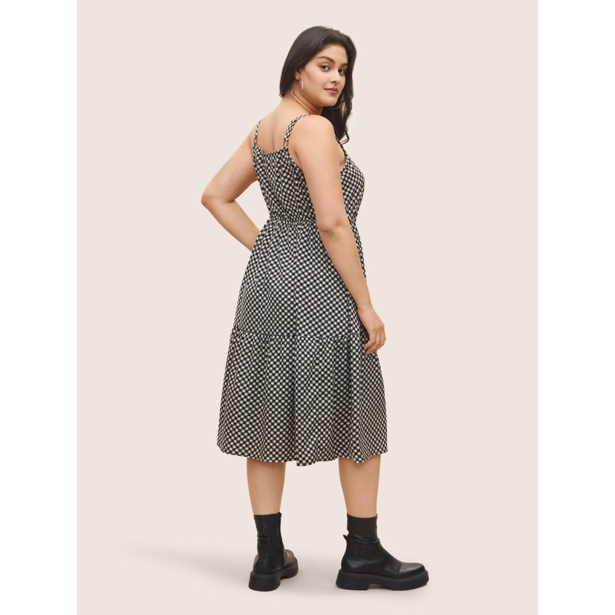 Plus Size Gingham Button Detail Patchwork Cami Dress Black Women Casual Non Non Sleeveless Curvy Midi Dress BloomChic 10/M Product Image