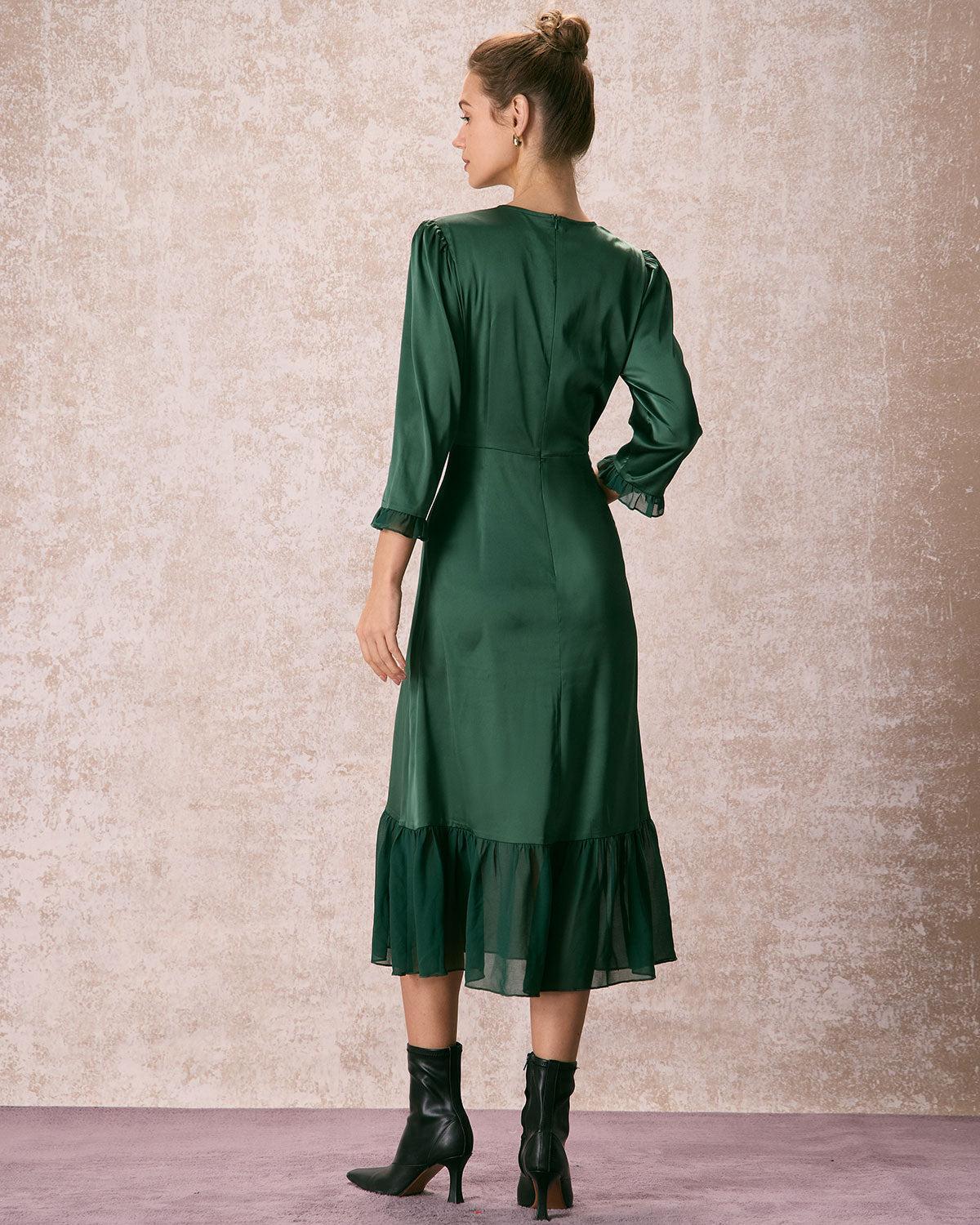 The Green Spliced Ruffle Poet Sleeve Midi Dress Product Image