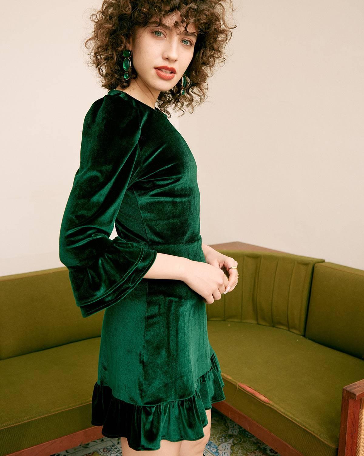 The Green Long Sleeve Velvet Mini Dress Female Product Image