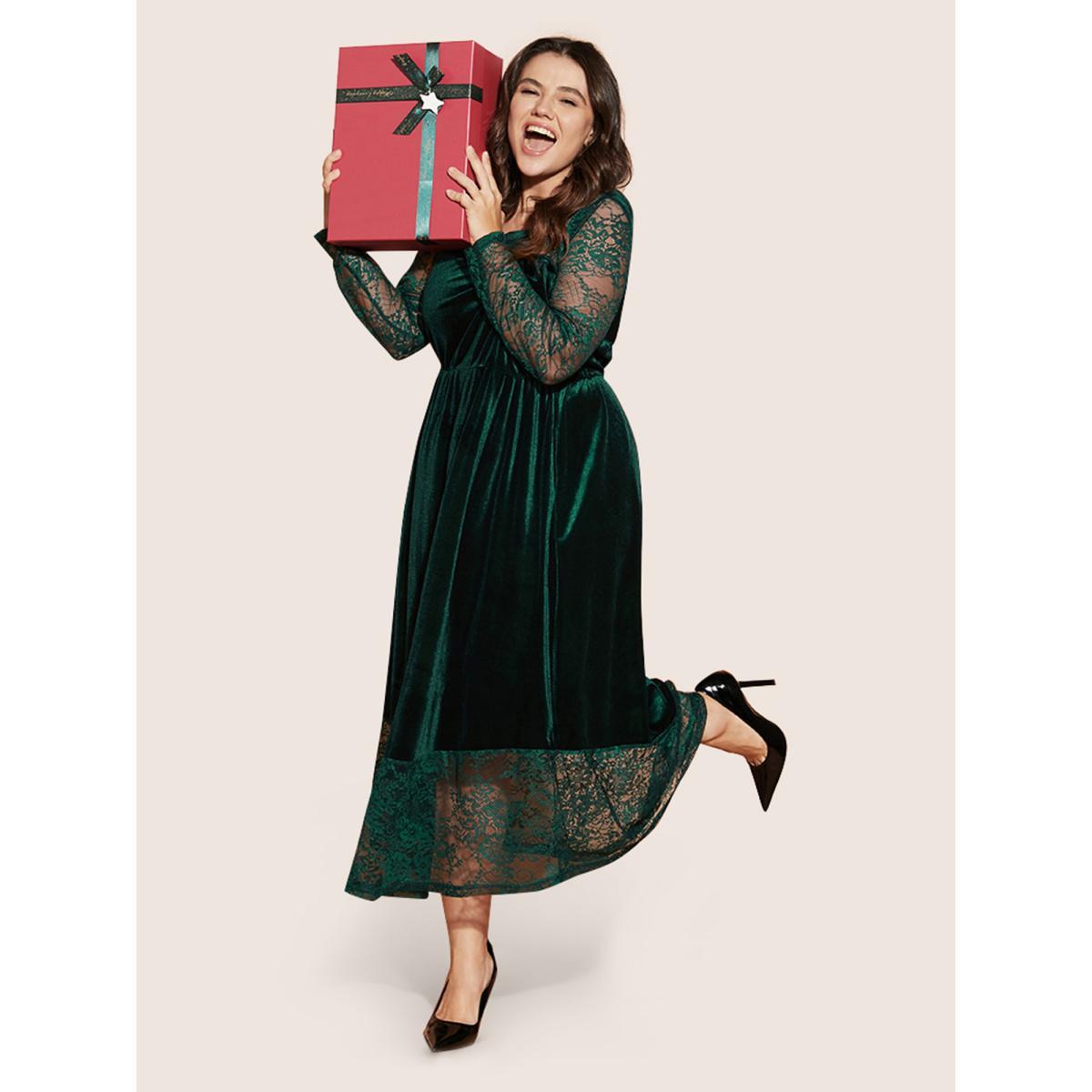 Plus Size Solid Contrast Lace Pocket Round Neck Velvet Dress DarkGreen Women Glamour Lace Round Neck Long Sleeve Curvy Midi Dress BloomChic 10/M Product Image