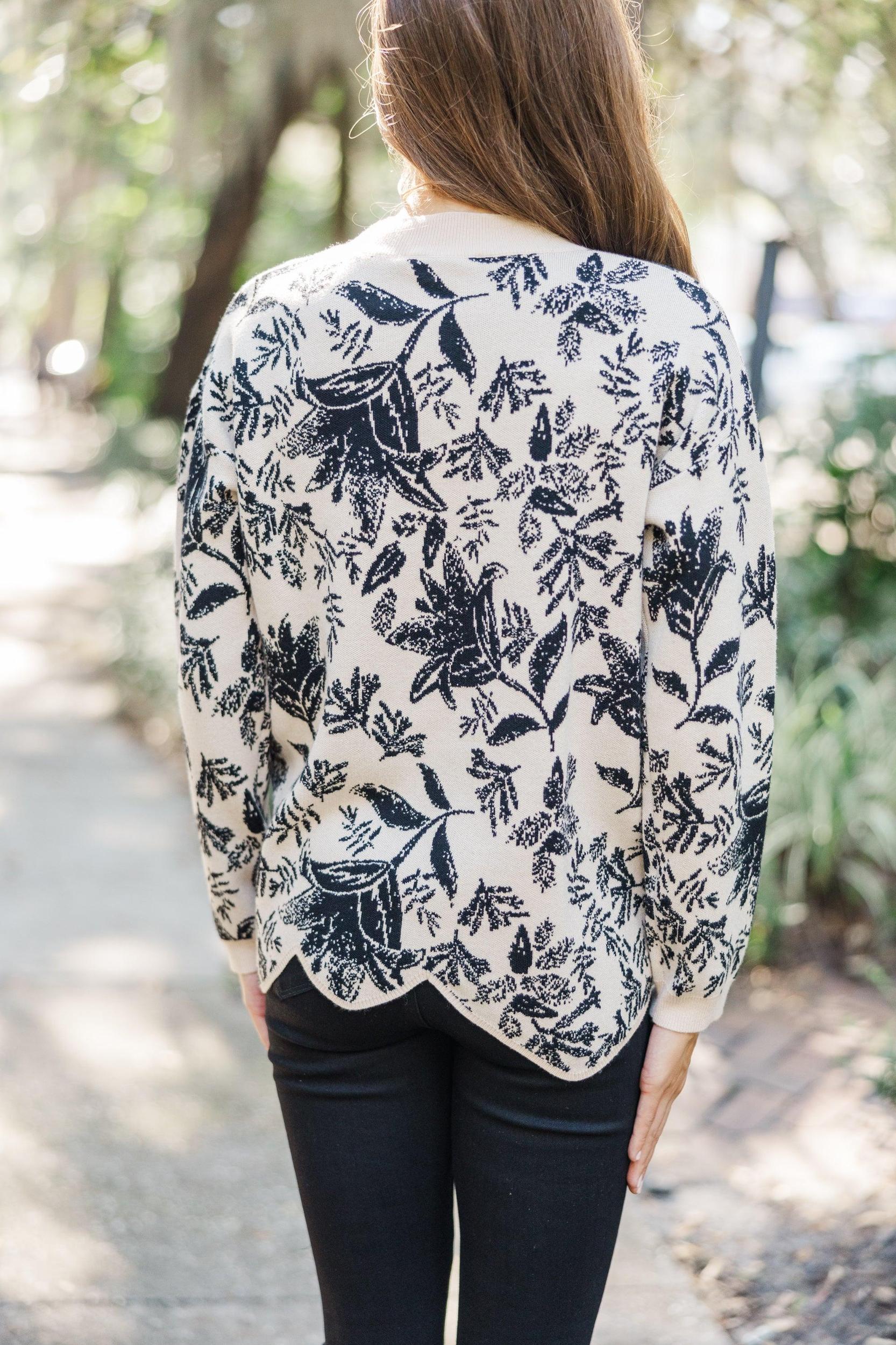 Work It Out Taupe White Floral Sweater Female Product Image