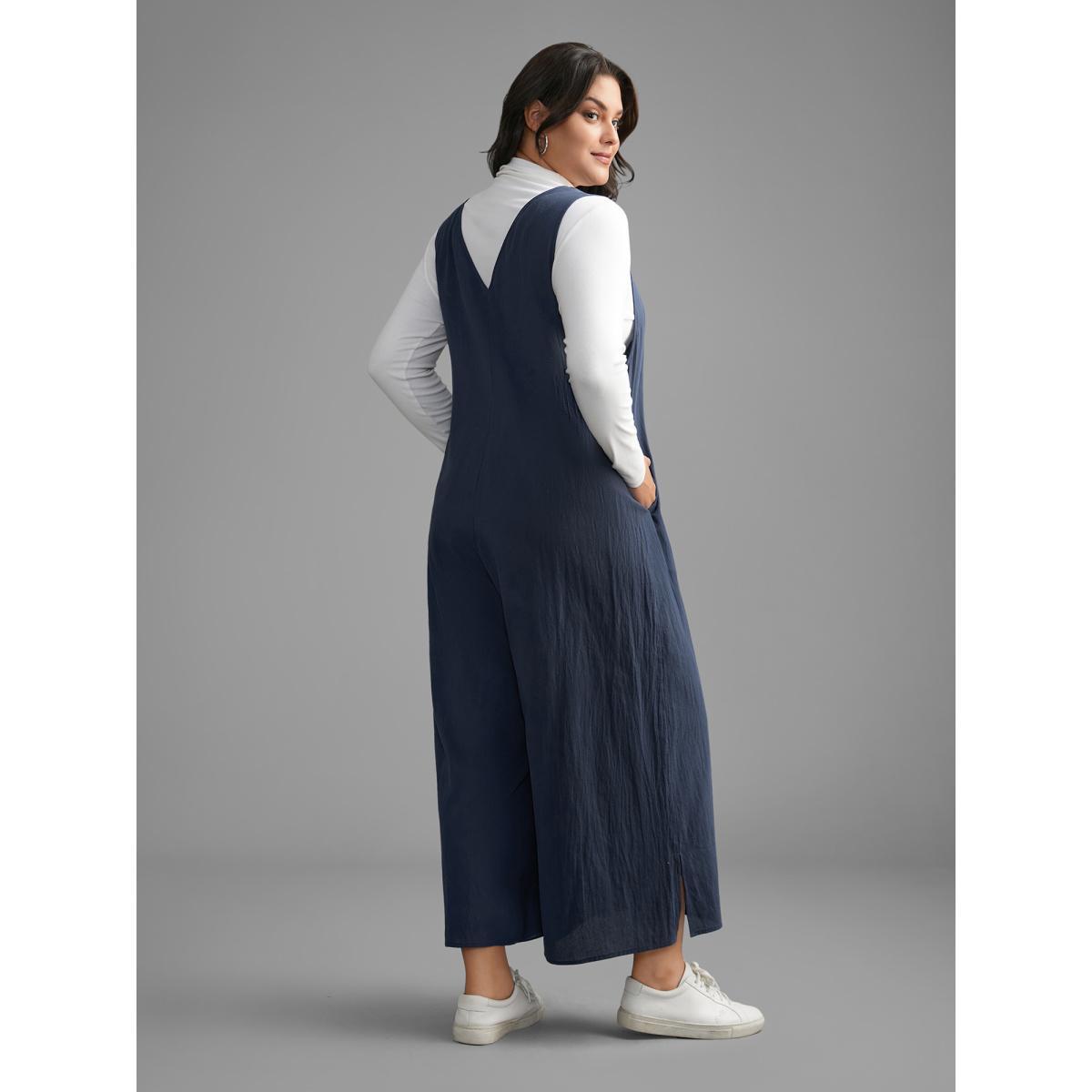 Plus Size Navy Cotton Solid V Neck Loose Jumpsuit Women Casual Sleeveless V-neck Everyday Loose Jumpsuits BloomChic 10/M Product Image