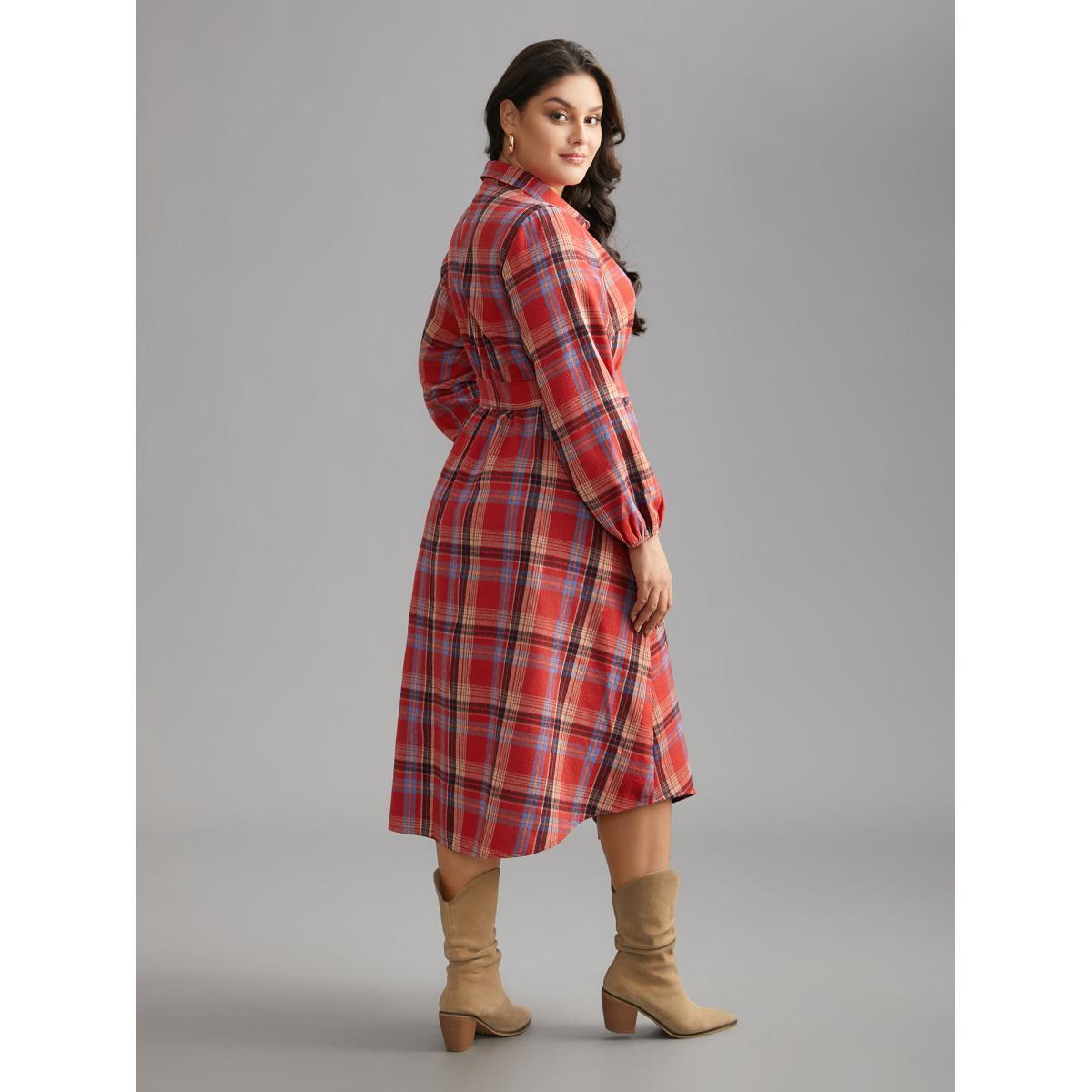 Plus Size Plaid Button Detail Pocket Belted Arc Hem Dress Raspberry Women Casual Pocket Shirt collar Long Sleeve Curvy Midi Dress BloomChic 26/4X Product Image