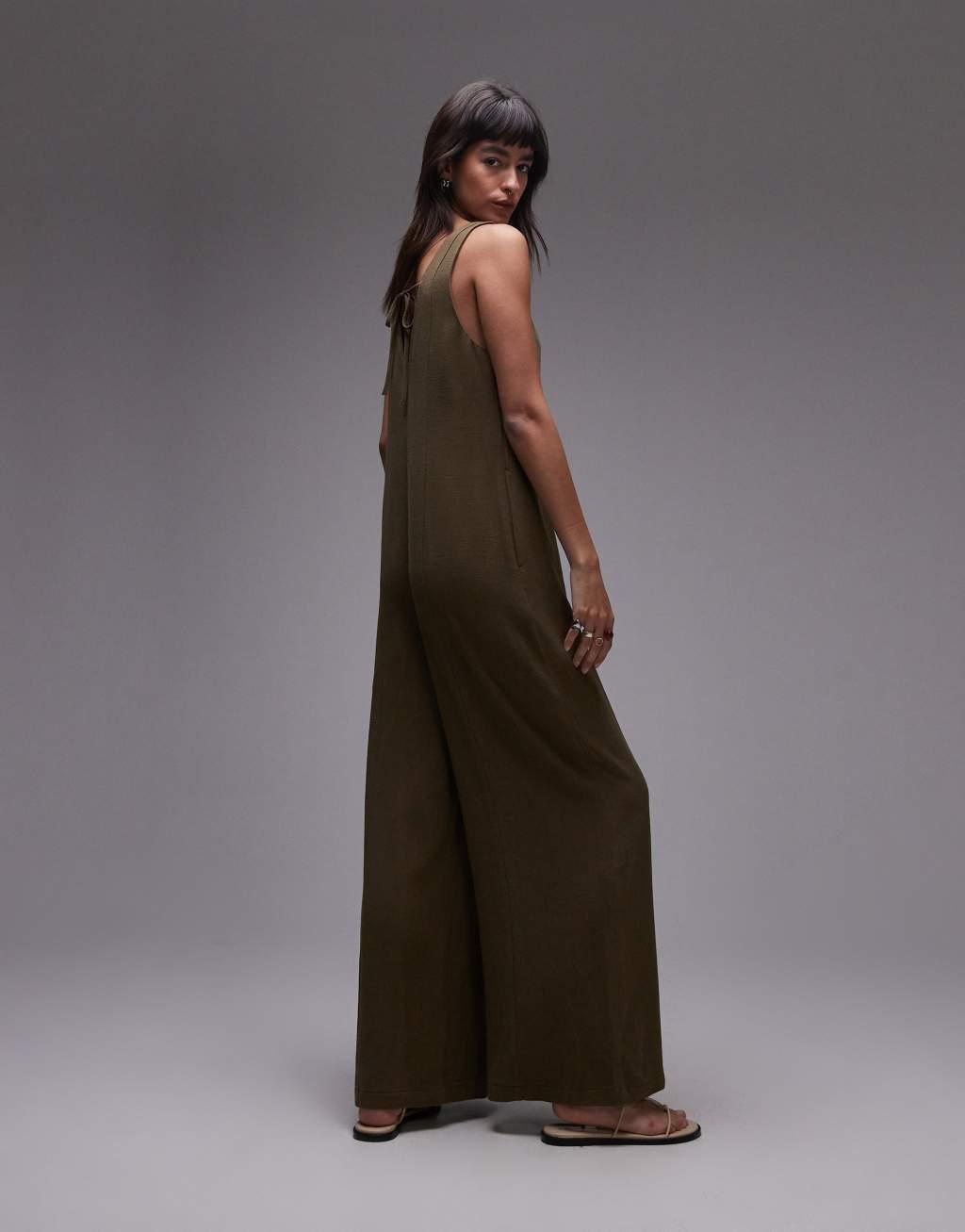 Topshop V neck bermuda jumpsuit in khaki Product Image