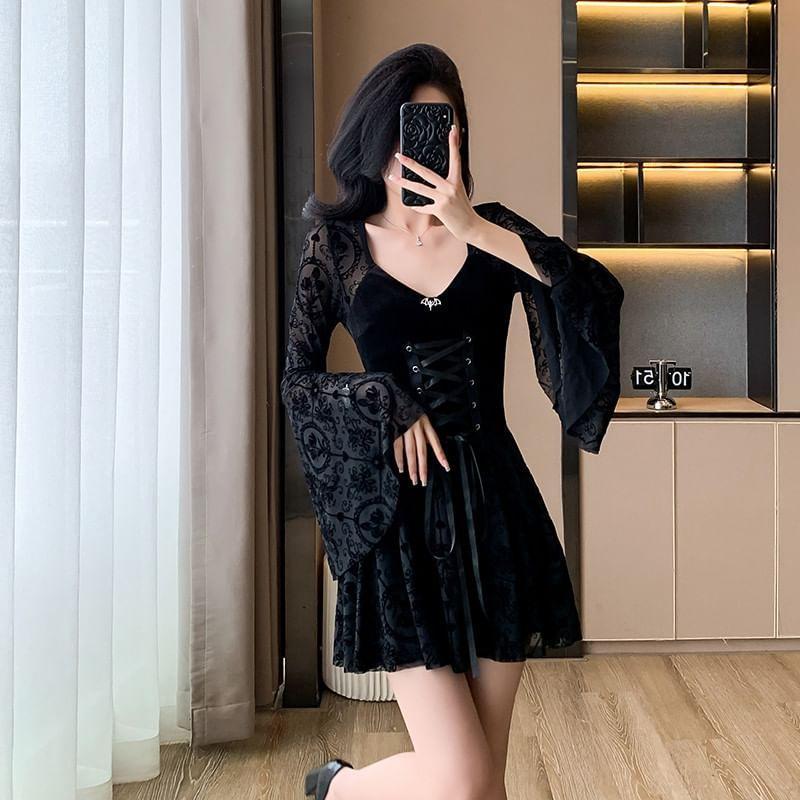 Long-Sleeve Lace-Up Velvet Mini A-Line Dress Product Image