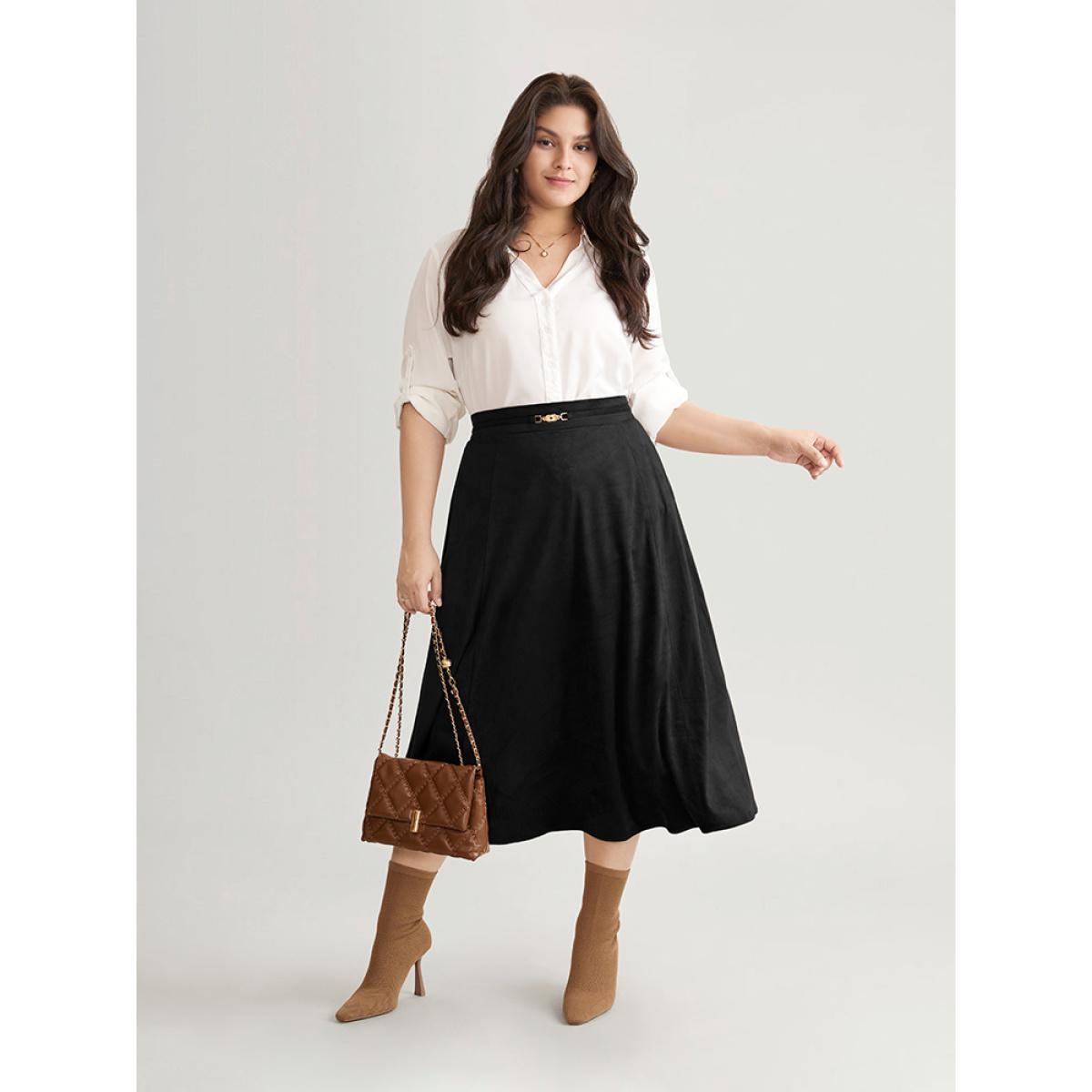 Plus Size Solid Buckle Detail Faux Suede A-line Skirt Women Black Office Style accents No stretch Pocket Work Skirts BloomChic 18-20/2X Product Image