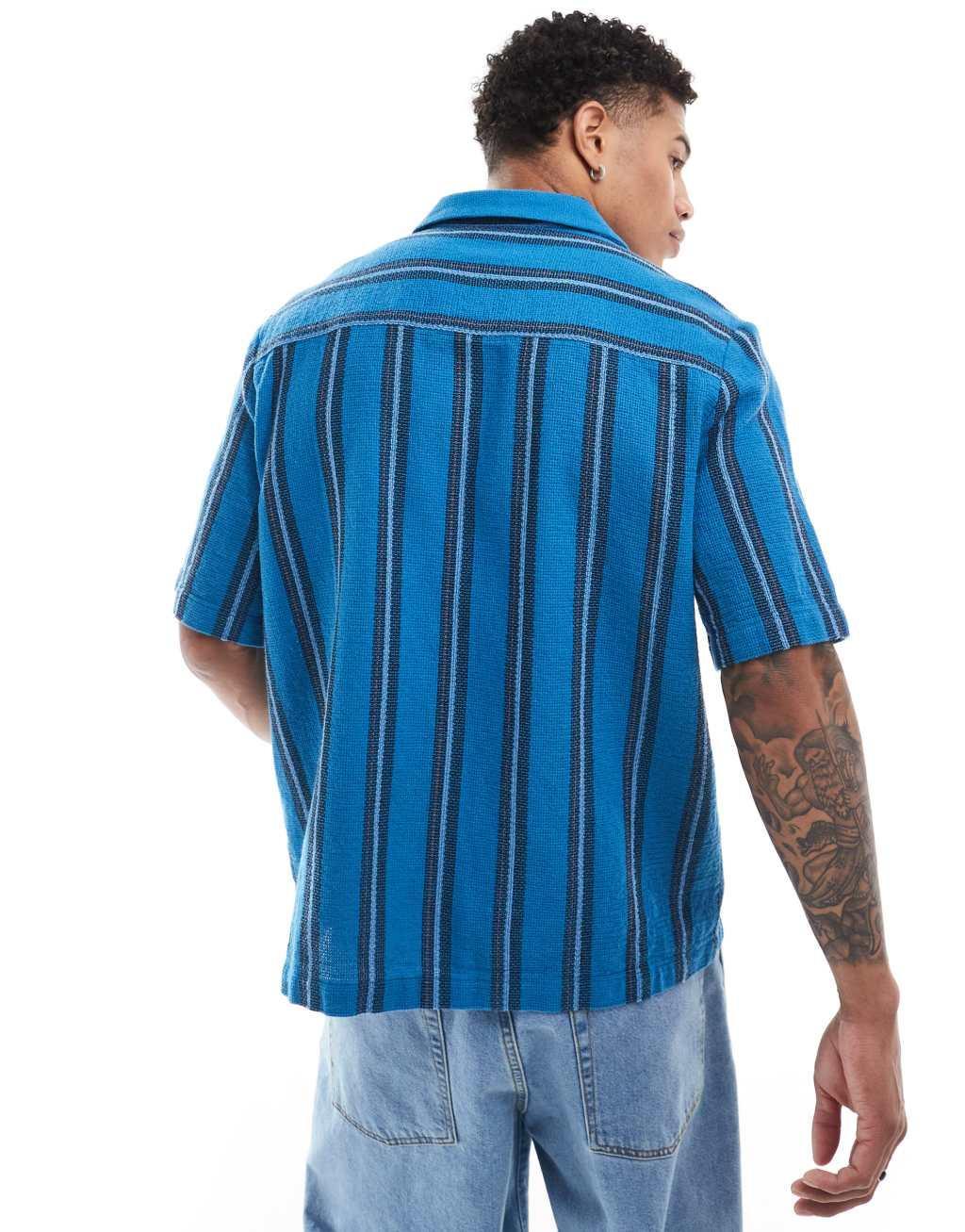ASOS DESIGN boxy relaxed revere shirt in blue basket stripe Product Image