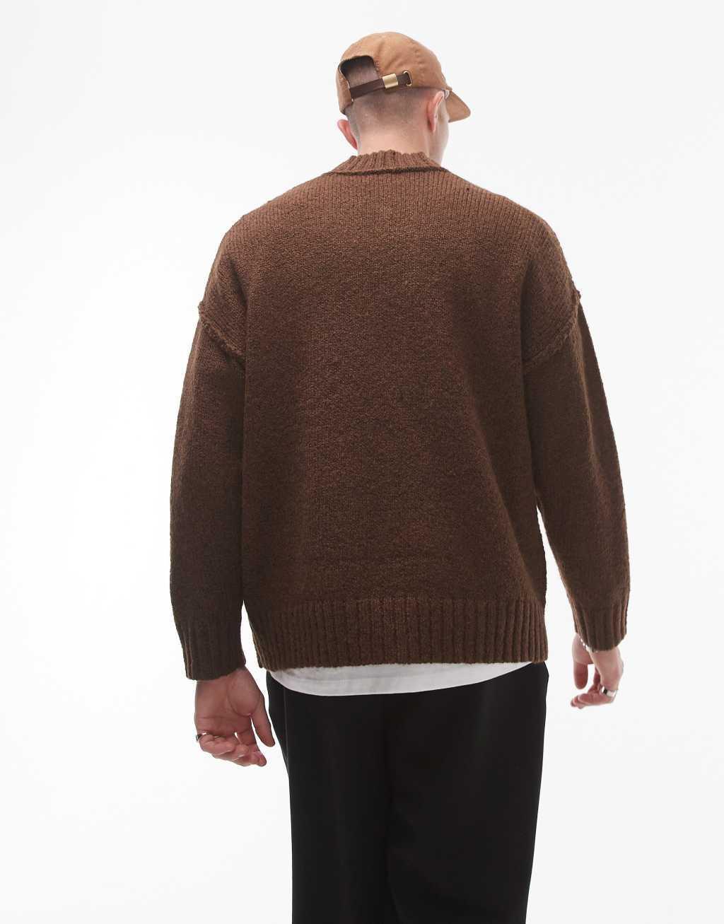 Topman oversized v neck sweater in brown with exposed seams Product Image