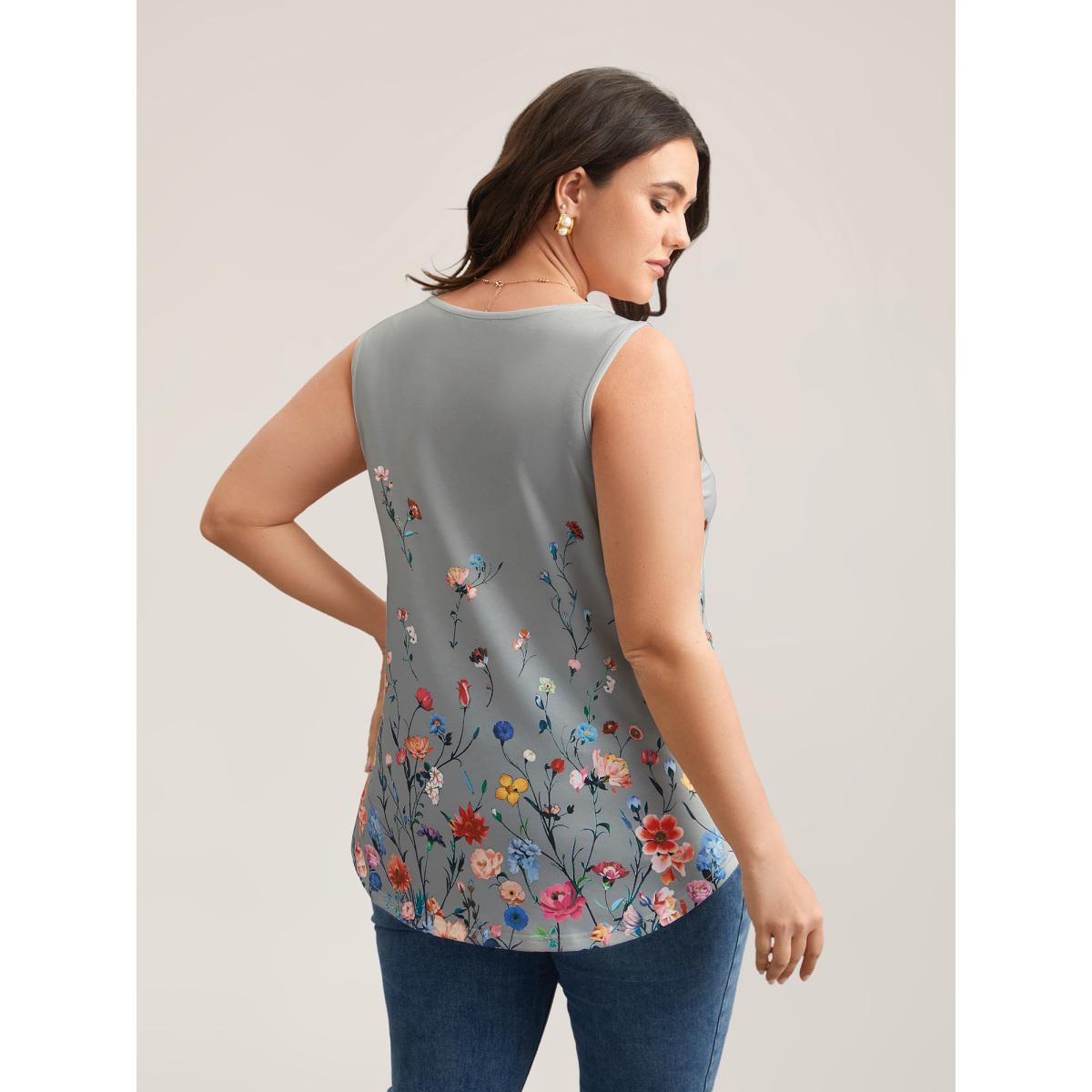 Plus Size Blooming Flowers Print Stretchy Vest Women DarkGray Elegant Non V-neck Everyday Tank Tops Camis BloomChic 22-24/3X Product Image