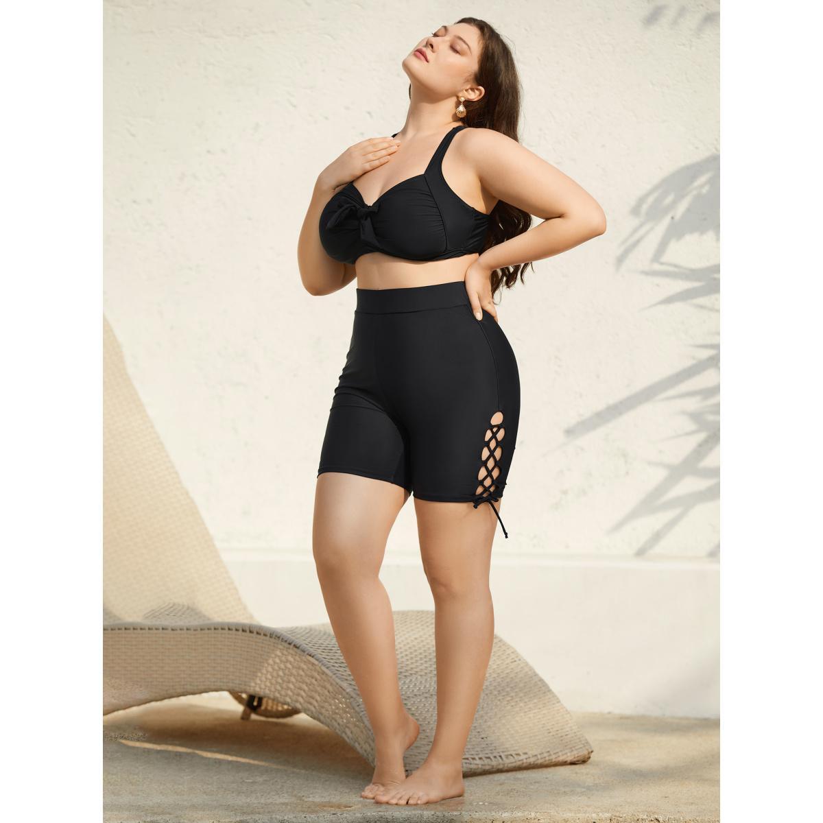 Plus Size Cross-Ties Cut-Out Sculpting Swim Bottoms Women's Swimwear Black Beach Tie knot High stretch Skinny High Rise Curve Swim Bottoms BloomChic 18-20/2X Product Image