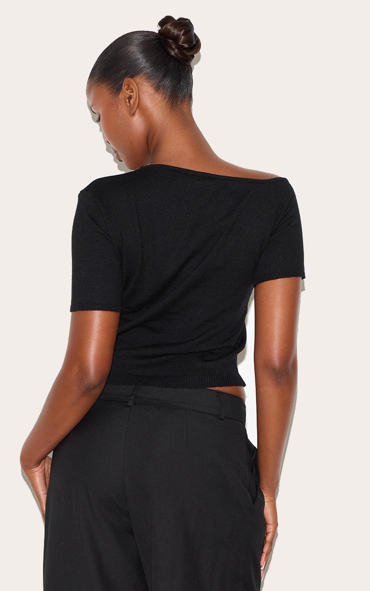 Black Basic Knit Asymmetric Neckline Top Product Image