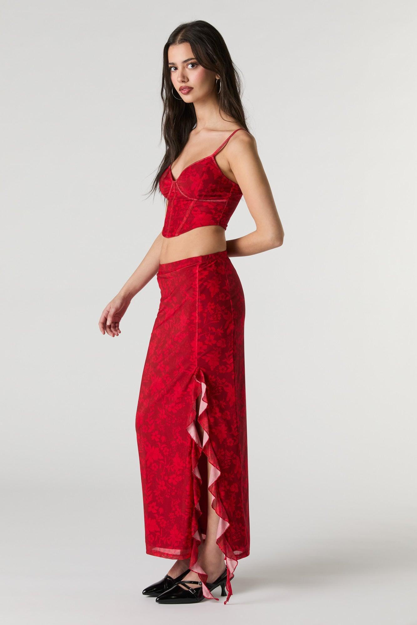 Mesh Ruffle Slit Midi Skirt Female Product Image