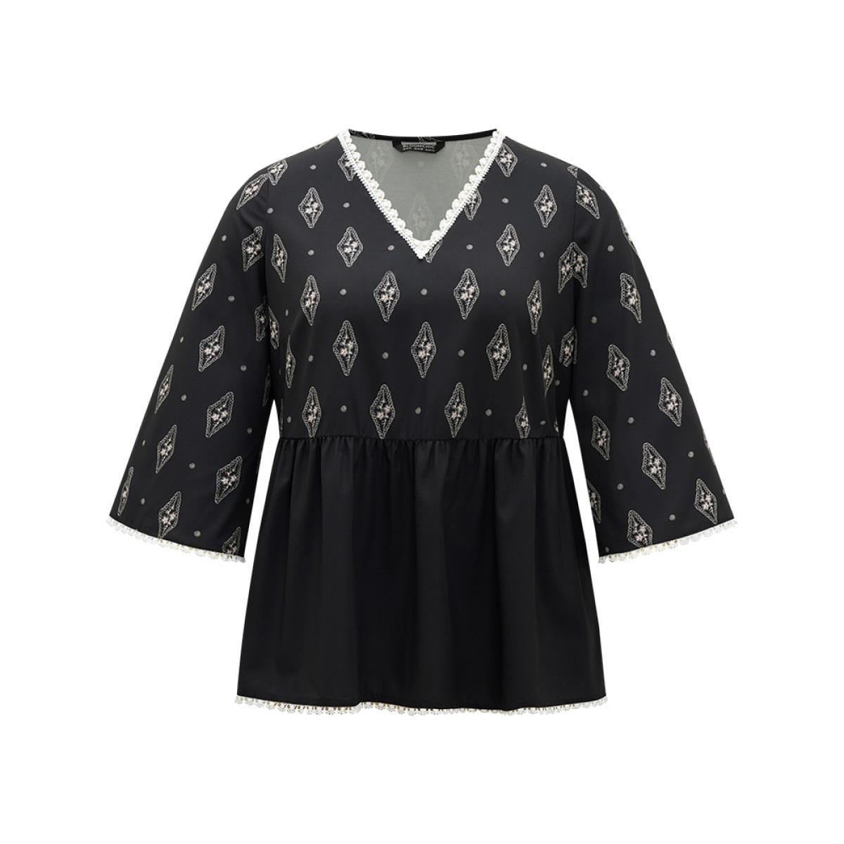 Plus Size Black Boho Print Guipure Lace V Neck Bell Sleeve Blouse Women Vacation Elbow-length sleeve V-neck Dailywear Blouses BloomChic 30/6X Product Image