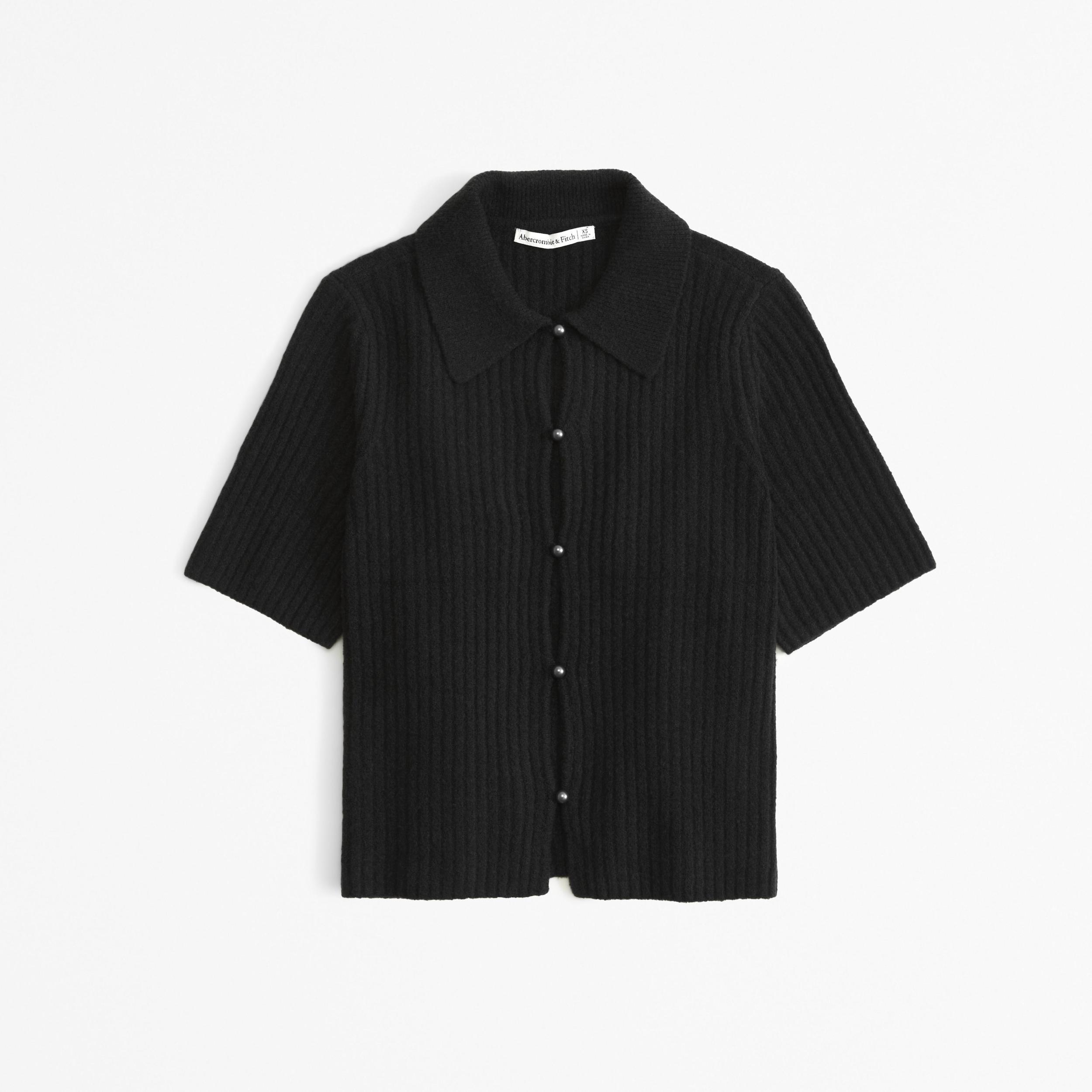 Short-Sleeve Pearl Button Collared Cardigan Product Image