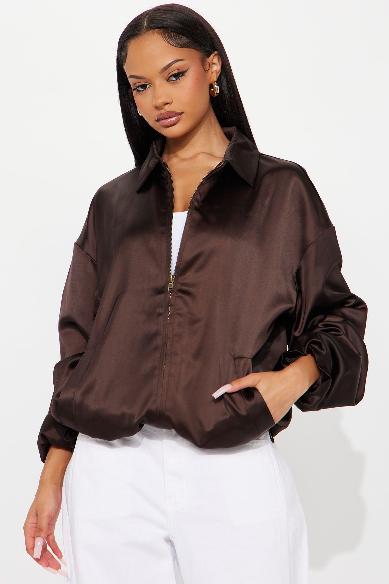 Gia Oversized Satin Bomber Jacket - Chocolate Product Image