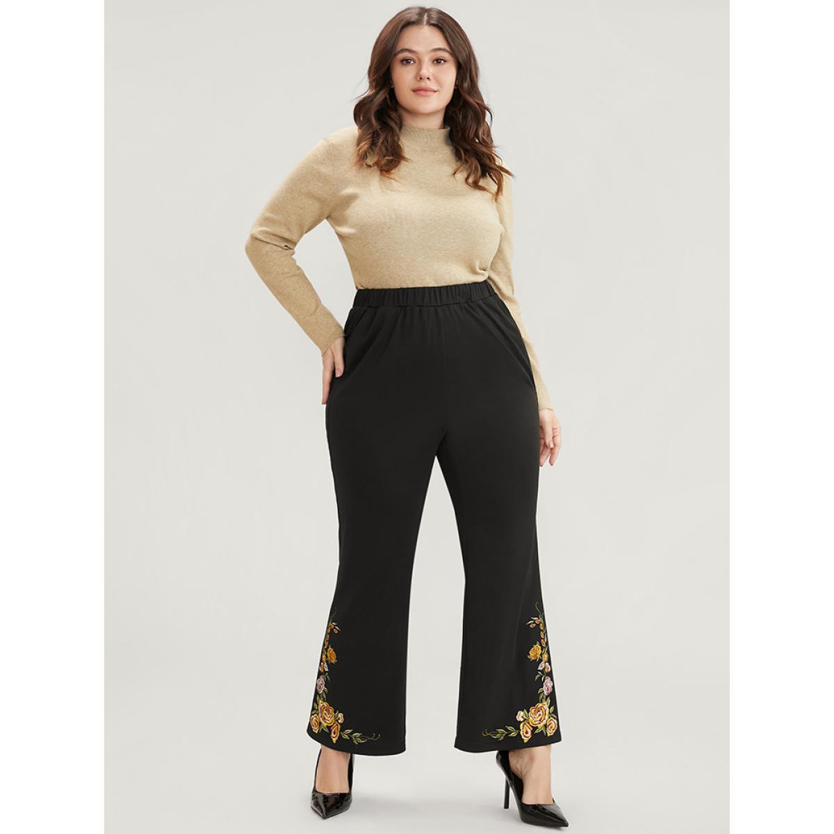 Plus Size Floral Embroidered Pocket Elastic Waist Bootcut Pants Women Black Elegant Bootcut Mid Rise Dailywear Pants BloomChic 30/6X Product Image