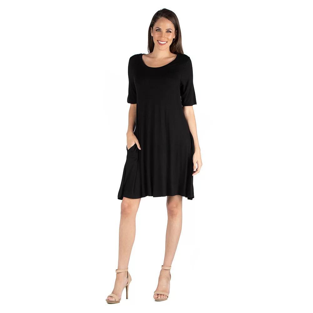 Women's 24seven Comfort Apparel Roundneck Flared Shirtdress with Pockets, Size: 1XL, Black Product Image