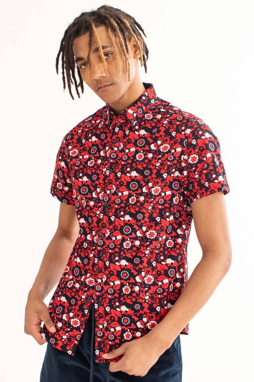 Navy & Red Ditsy Floral Woven Button Up Shirt Product Image