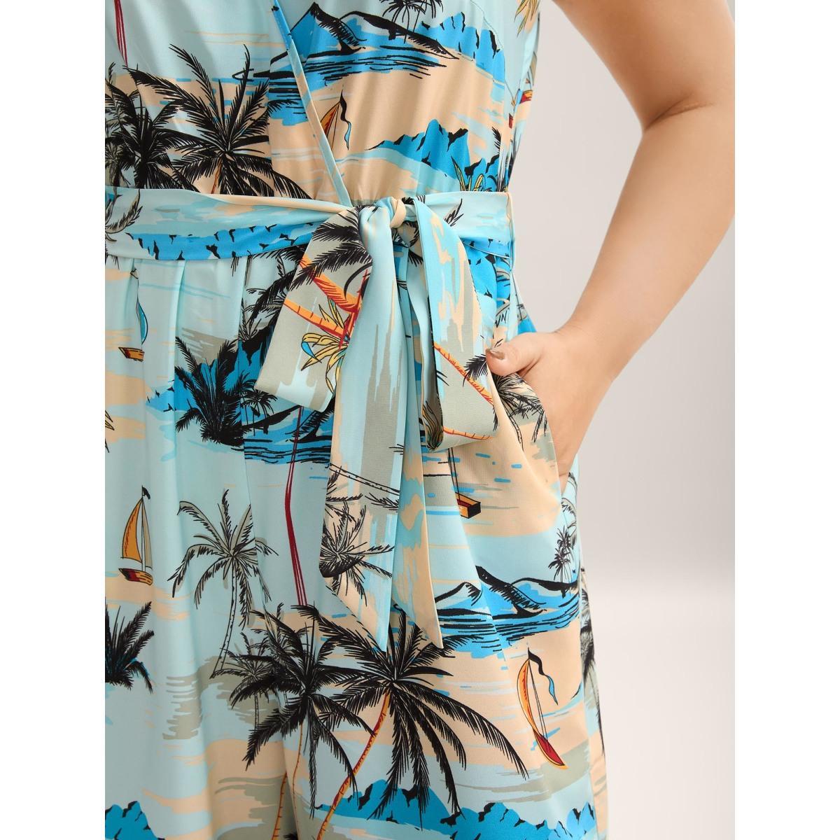 Plus Size Multicolor Tropical Print Stretchy Waist Pockets Jumpsuit Women Sleeveless Overlap Collar Vacation Loose Jumpsuits BloomChic 30/6X Product Image