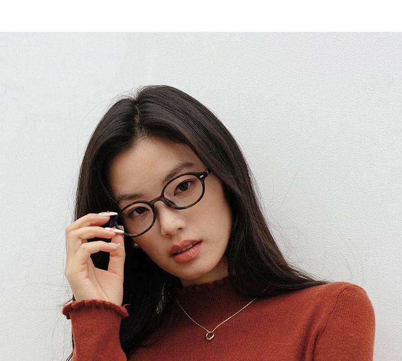 Long-Sleeve Mock Neck Plain Lettuce Edge Slim Fit Knit Top Product Image