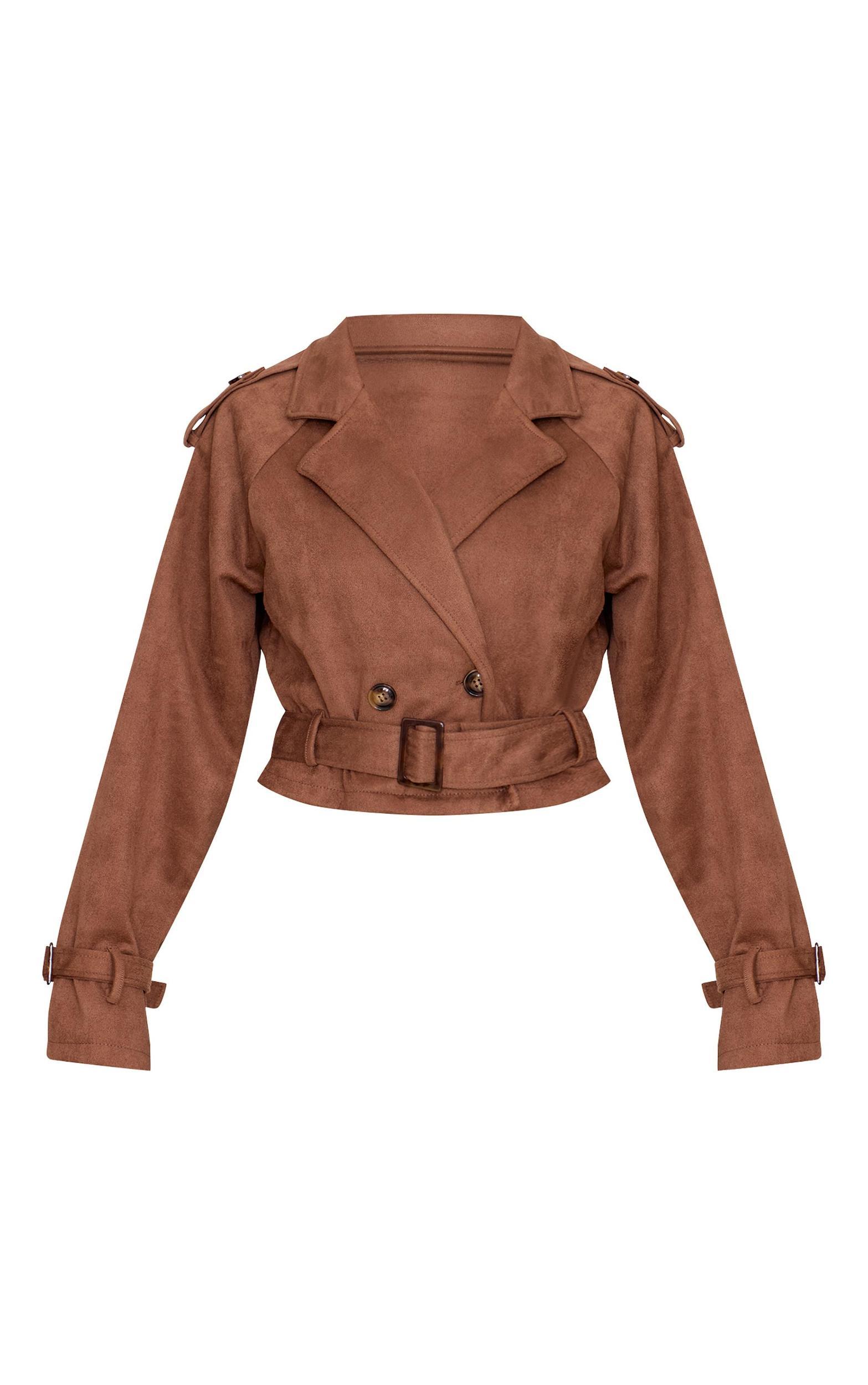 Brown Cropped Faux Suede Belted Trench Coat Product Image