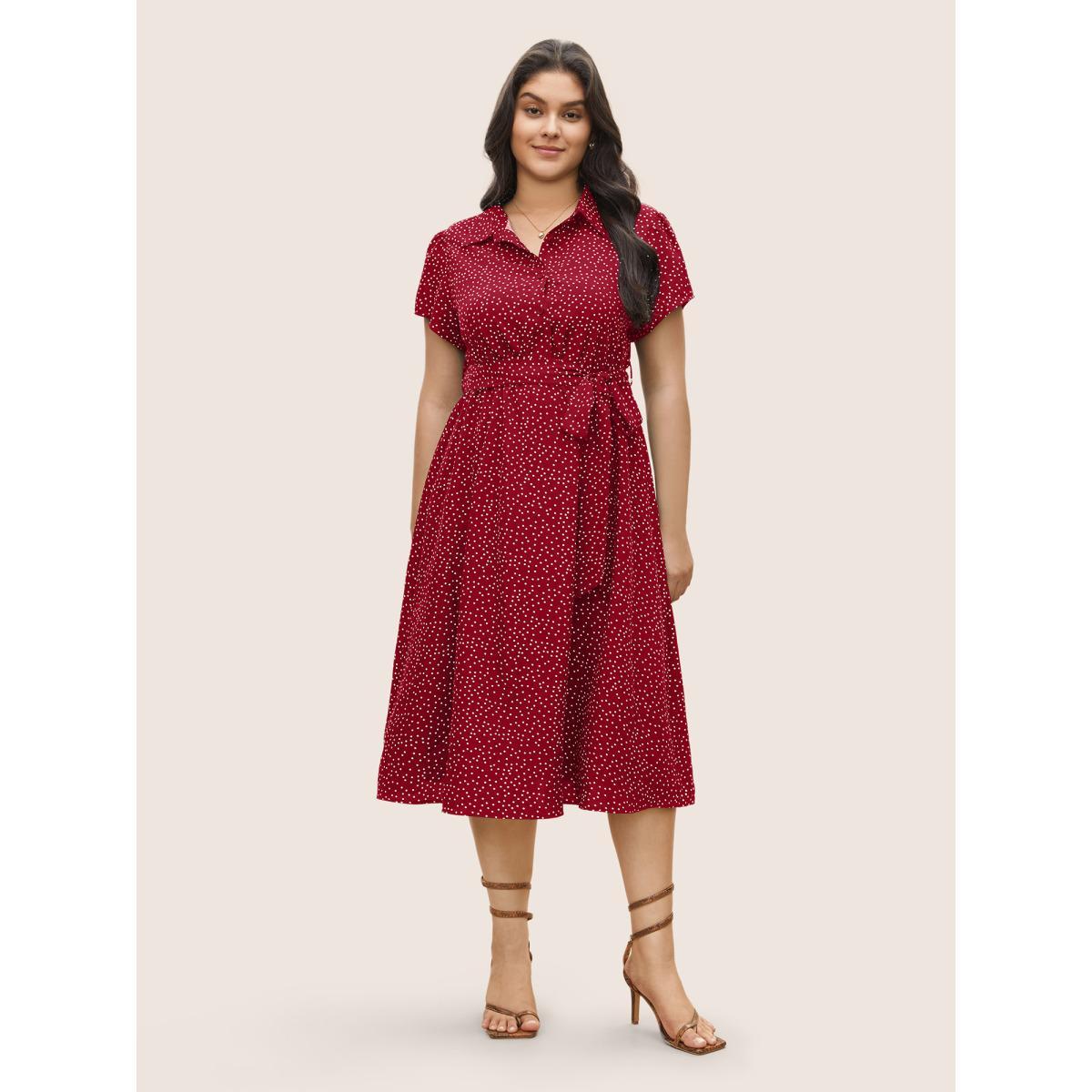 Plus Size Polka Dot Shirt Collar Pocket Button Up Dress Brightred Women At the Office Non Shirt collar Short sleeve Curvy Midi Dress BloomChic 18-20/2X Product Image