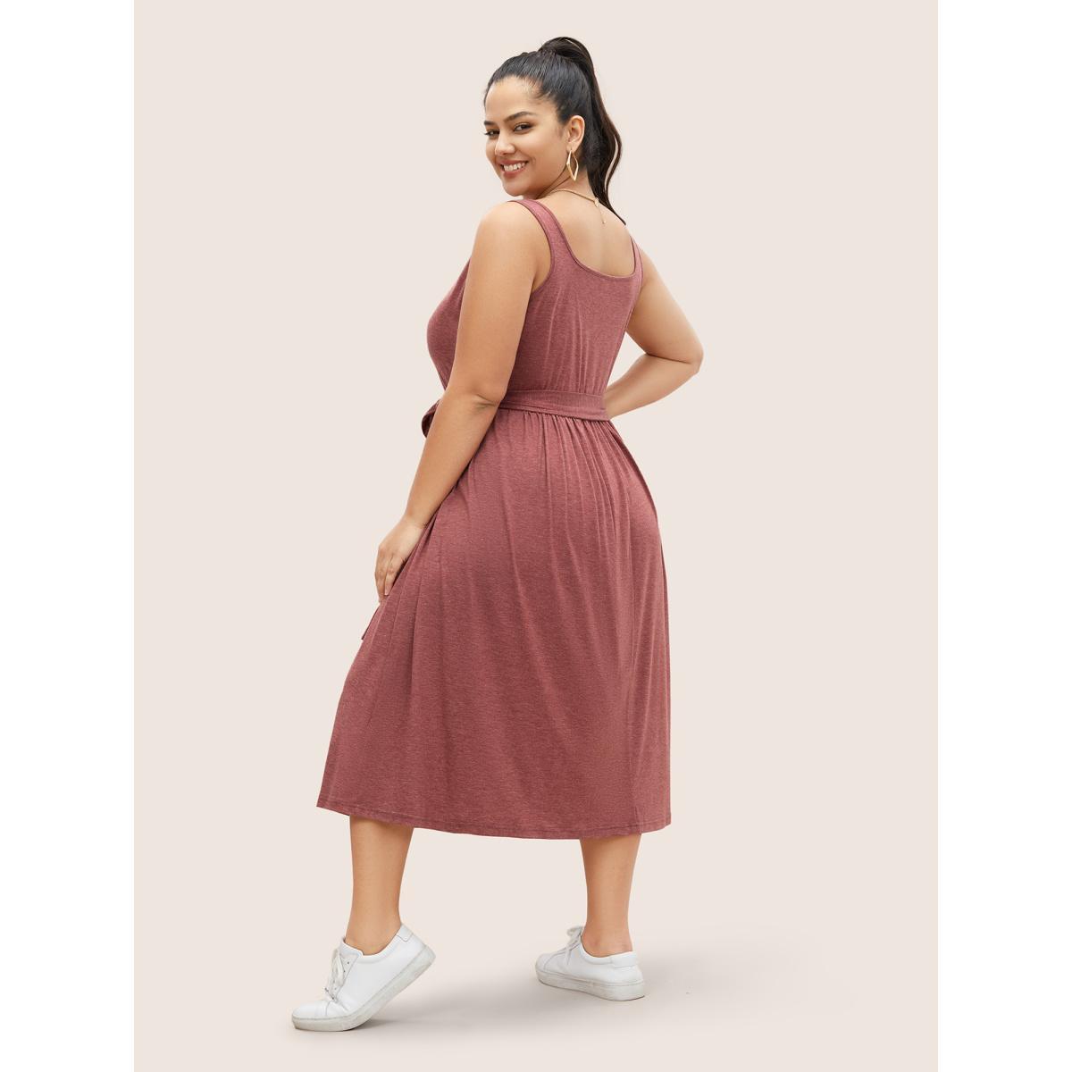 Plus Size Supersoft Essentials Button Detail Belted Gathered Dress Scarlet Women Casual Gathered Square Neck Sleeveless Curvy Midi Dress BloomChic 30/6X Product Image