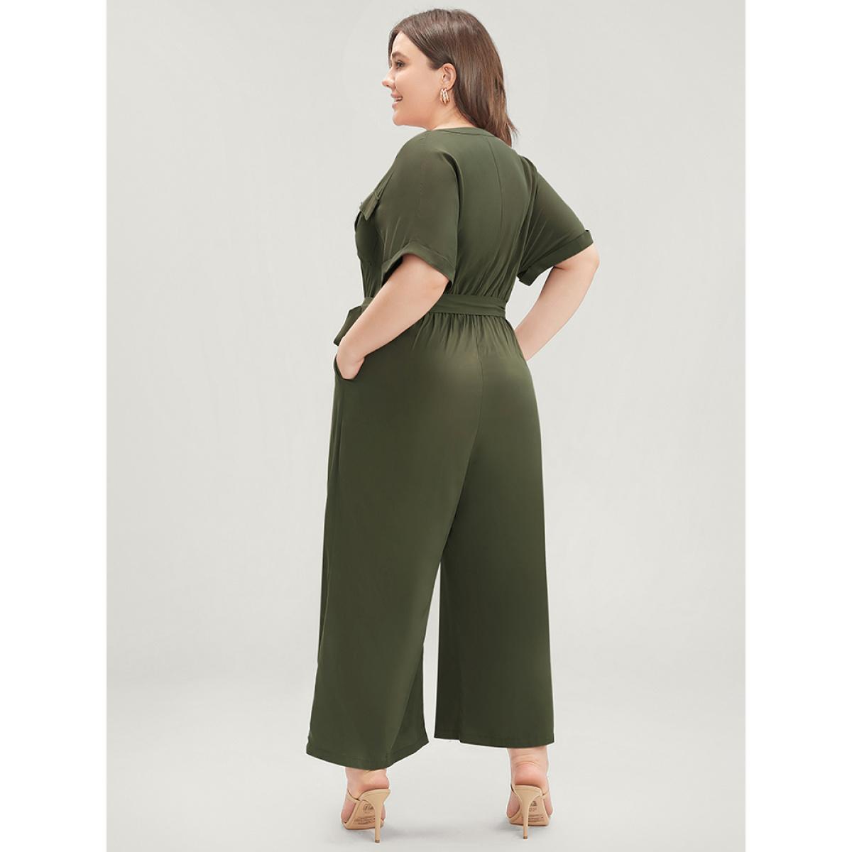 Plus Size ArmyGreen Plain Flap Pocket Belted Button Up Jumpsuit Women Office Short sleeve V-neck Work Loose Jumpsuits BloomChic 28/5X Product Image