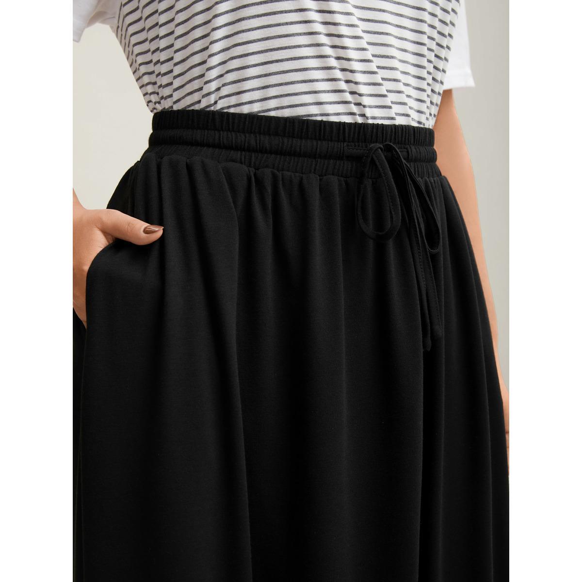 Plus Size Supersoft Waist-Tie A-Line Maxi Skirt Women Black Elegant Drawstring Medium stretch Slanted pocket Everyday Skirts BloomChic 14-16/1X Product Image
