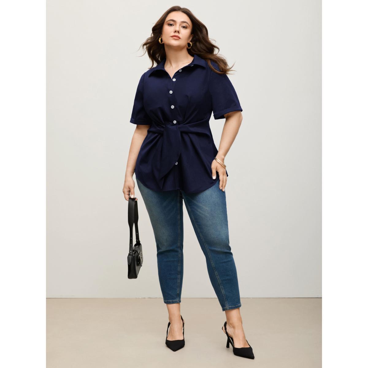 Plus Size Black Knotted Front Asymmetrical Hem Blouse Women Short sleeve Shirt collar Work Blouses BloomChic 12/L Product Image