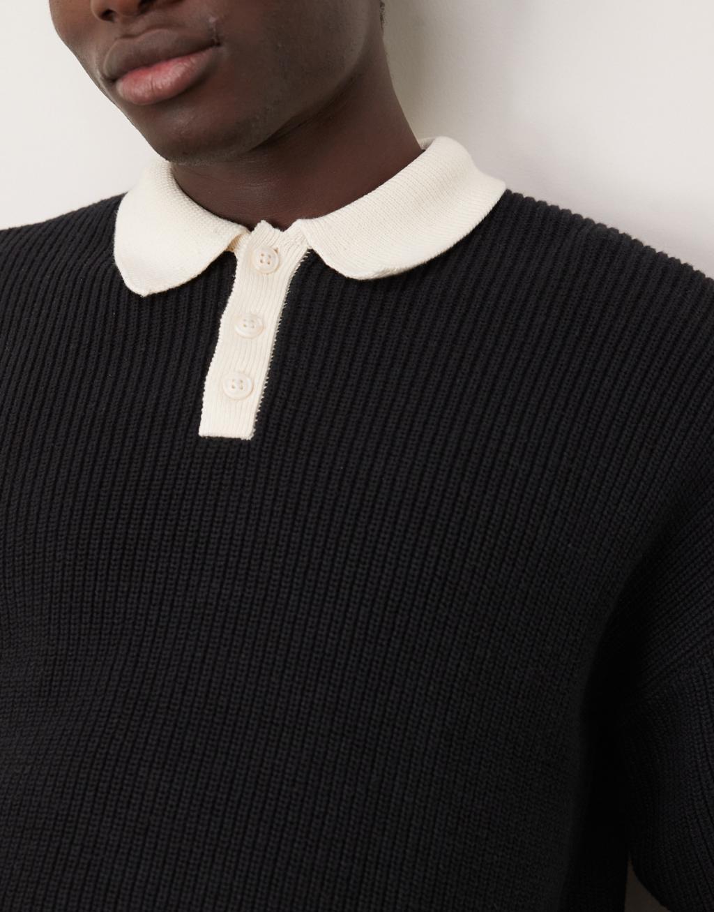 ASOS DESIGN relaxed boxy fit knitted polo with 3/4 length sleeves in black Product Image