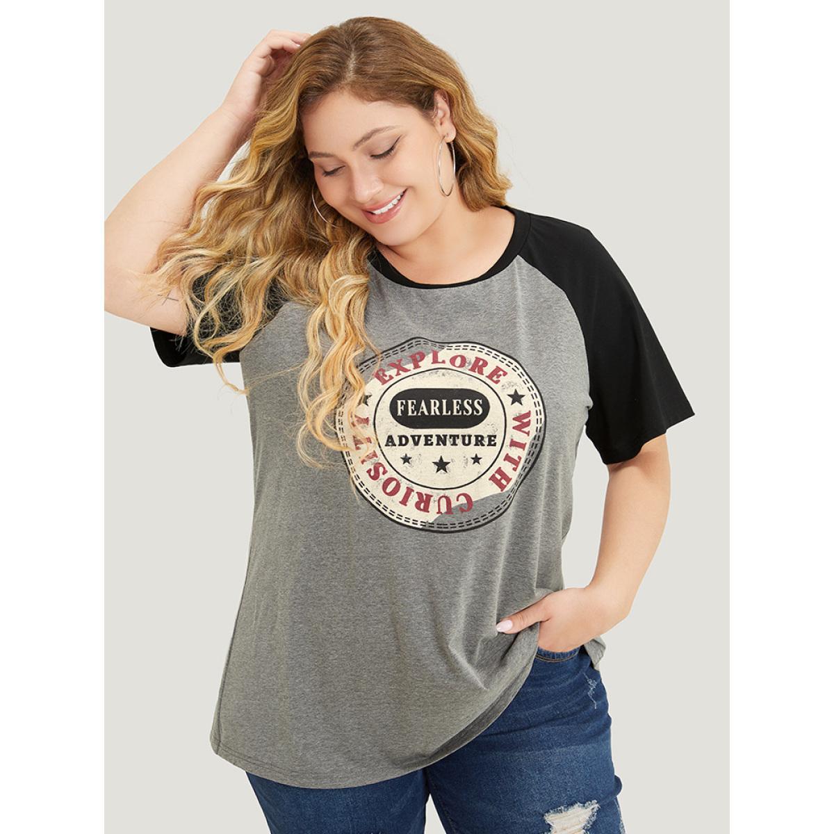 Plus Size Graphic Print Contrast Raglan Sleeve T-shirt Gray Women Casual Contrast Area Dailywear T-shirts BloomChic 18-20/2X Product Image