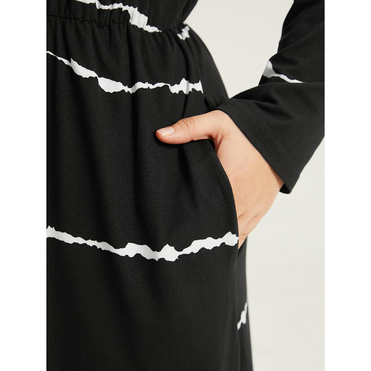Plus Size Striped Print V Neck Elastic Waist Dress Black Women Casual Elastic Waist V-neck Long Sleeve Curvy Midi Dress BloomChic 14-16/1X Product Image