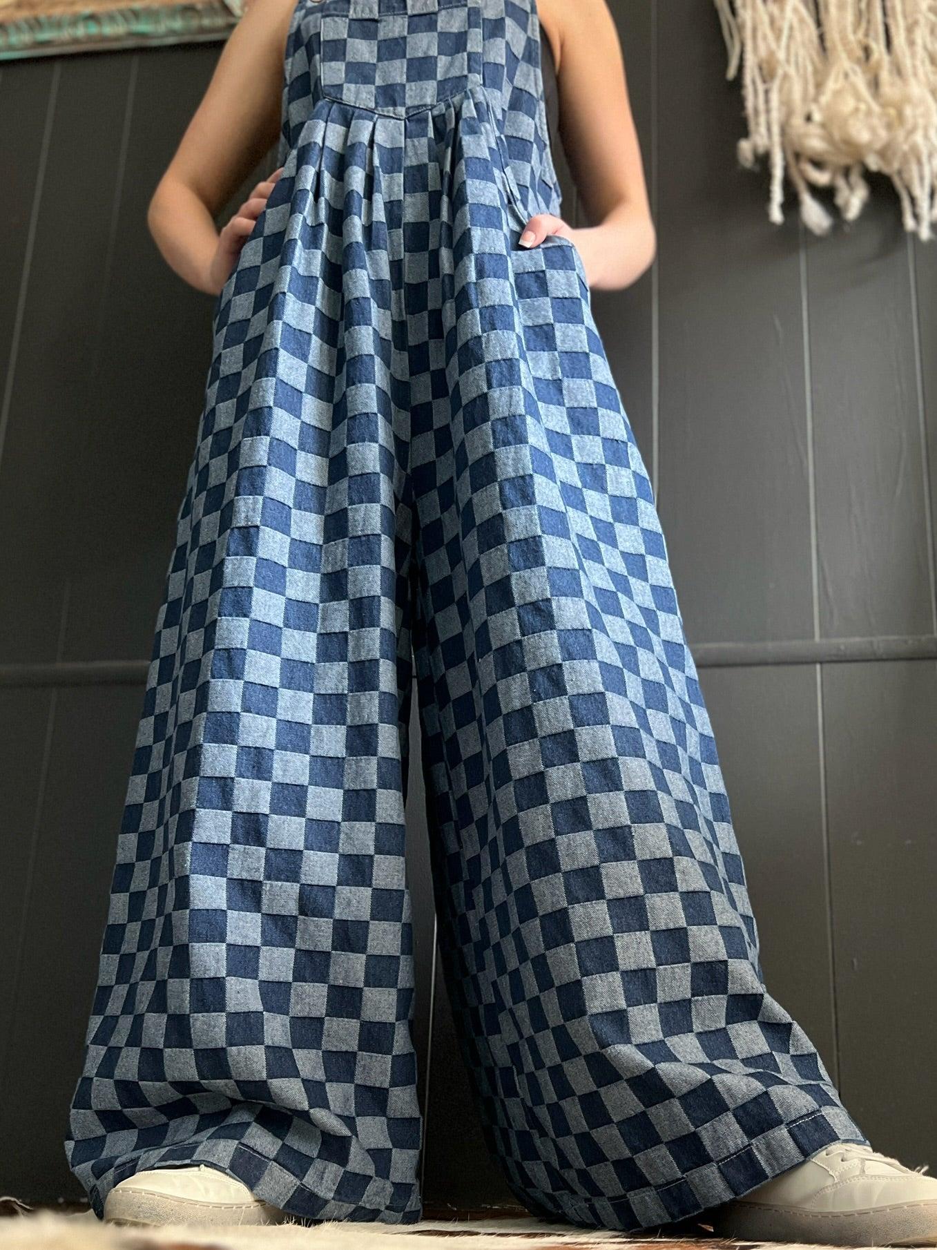 Denim Checkered Wide Leg Overalls Product Image