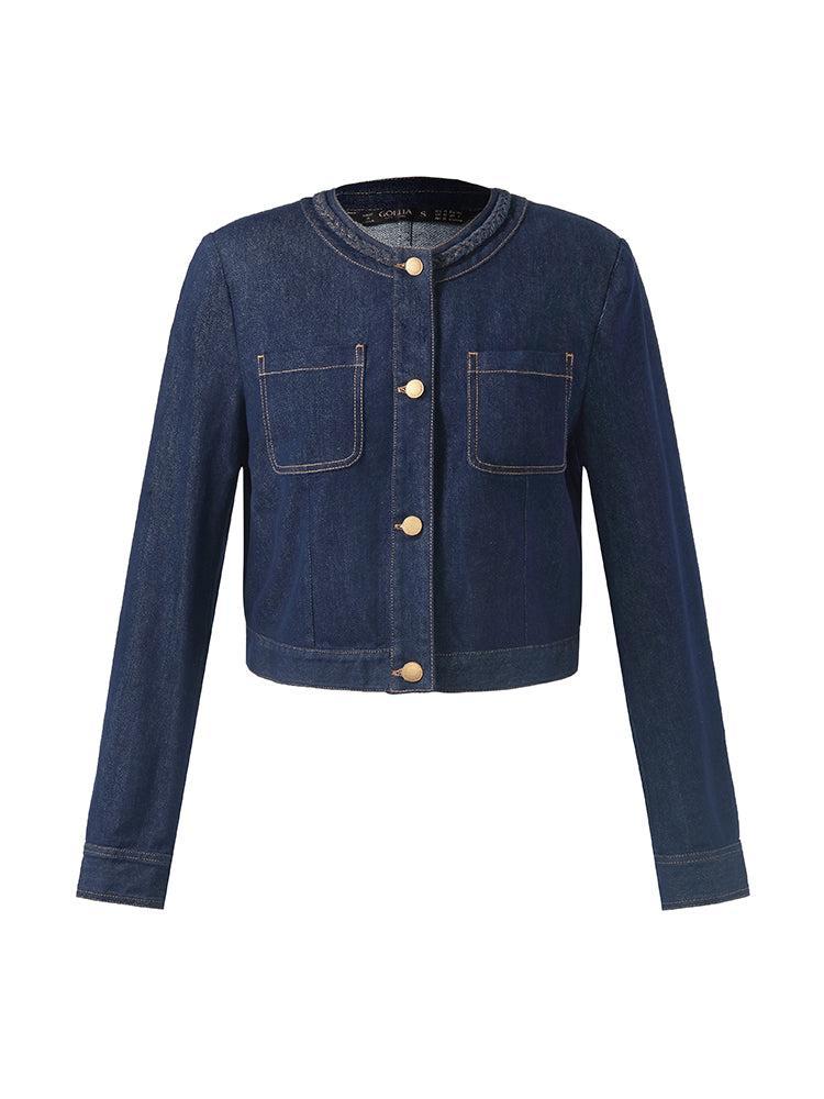 Round Neck Women Crop Denim Jacket Product Image