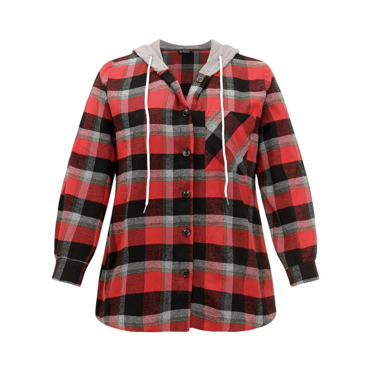 Plus Size Plaid Patchwork Hooded Drawstring Button Through Jacket Women Red Dailywear Jackets BloomChic 26/4X Product Image