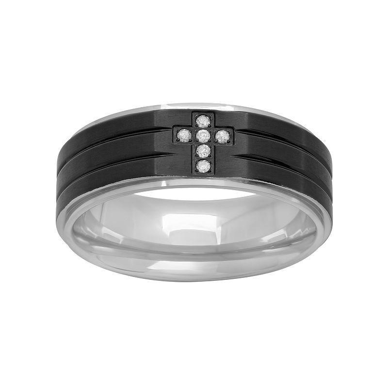 Diamond Accent Stainless Steel & Black Ion-Plated Stainless Steel Cross Grooved Band - Men, Men's, Size: 11.50, White Product Image
