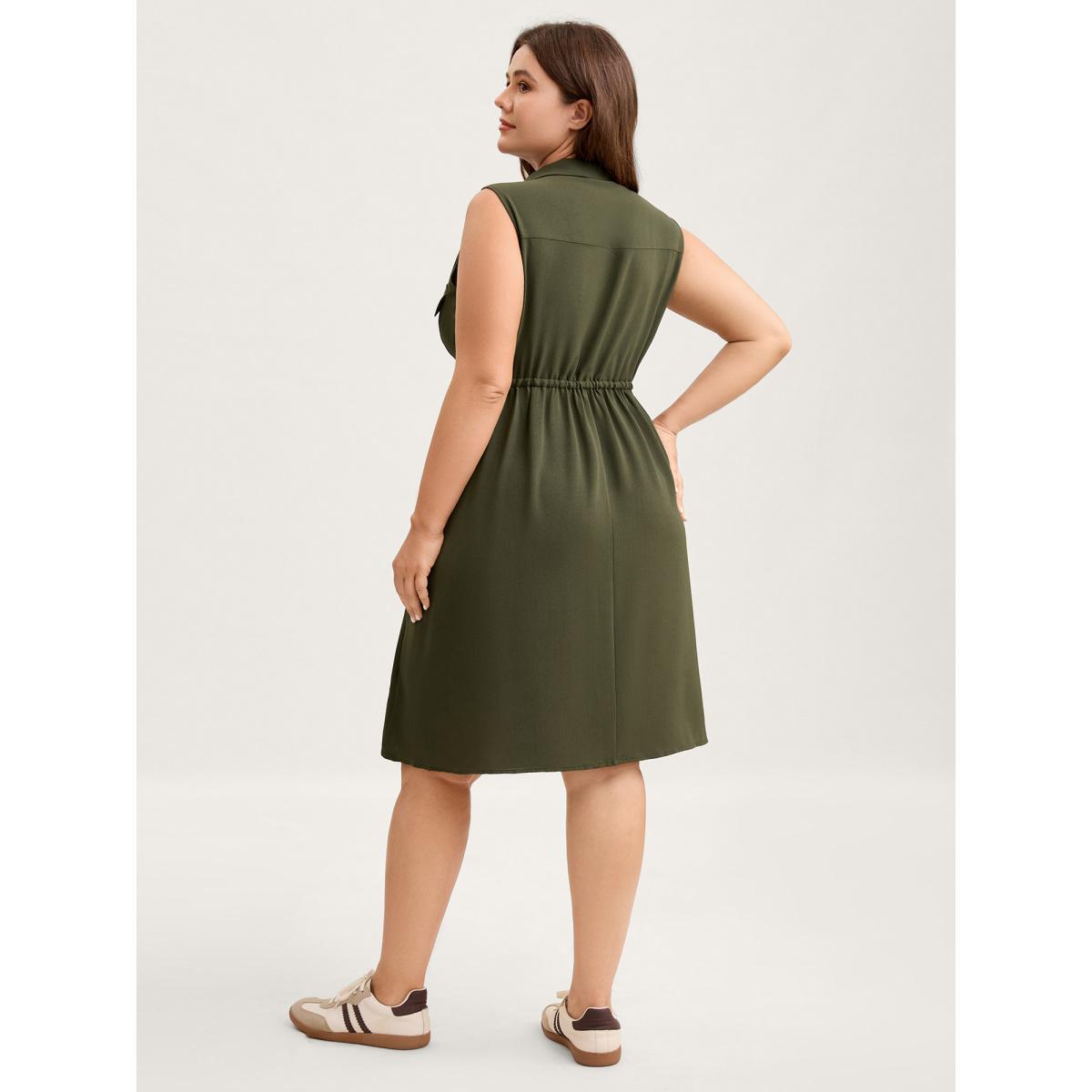 Plus Size Waist Drawstring Pockets Solid Midi Dress ArmyGreen Women Drawstring Polo Sleeveless Curvy BloomChic 12/L Product Image